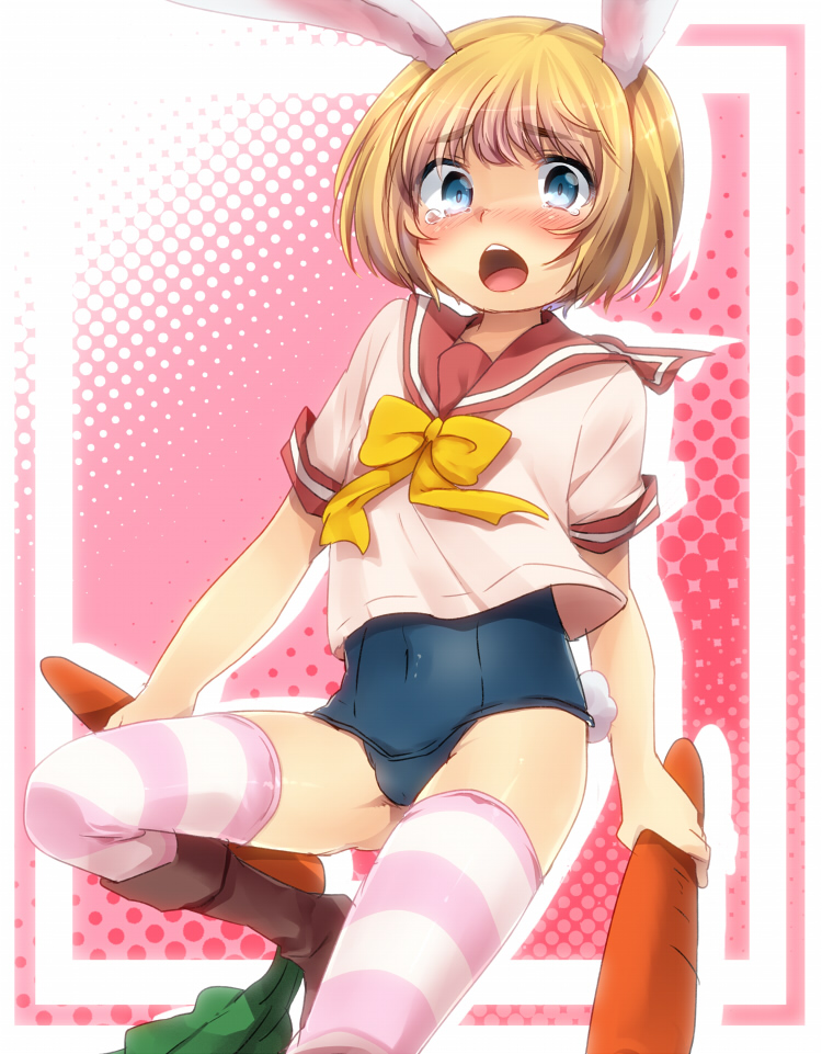 1boy, animal_ears, armin_arelet, blonde_hair, blue_eyes, blush, bunny_tail, carrot