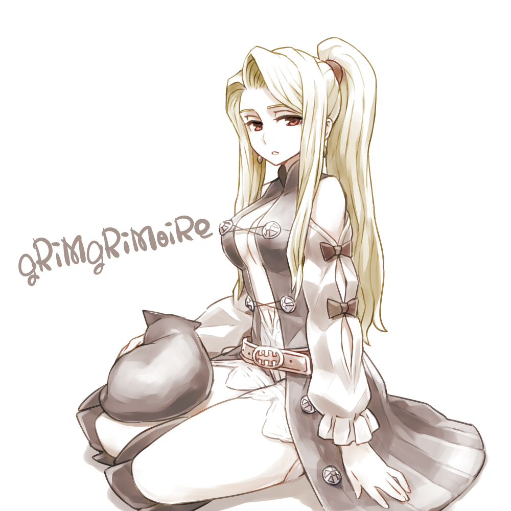 1girl, :o, amoretta_virgine, belt, blonde_hair, boots, cat, cat_on_lap