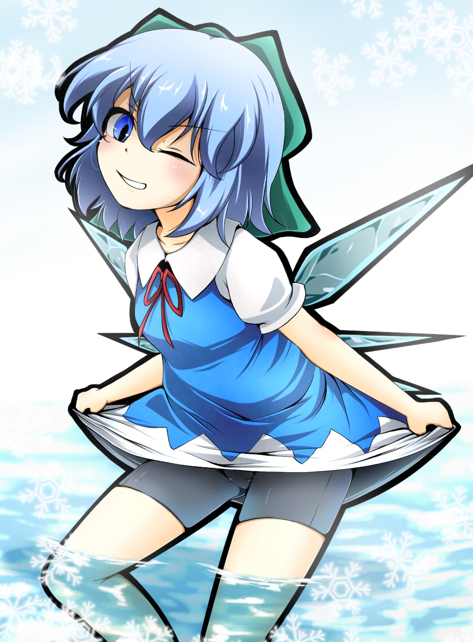 1girl, bike_shorts, blue_eyes, blue_hair, bow, cirno, dress, fumi_(fumifumi-graffiti), hair_bow, highres, ice, ice_wings, open_mouth, short_hair, shorts_under_skirt, smile, snow, solo, touhou, water, wings