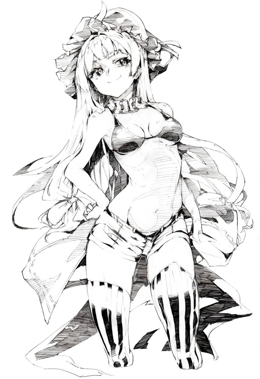 1girl, bikini_top, breasts, graphite_(medium), hand_on_hip, hat, highres, monochrome, navel, oshake, patchouli_knowledge, short_shorts, shorts, smile, solo, thigh-highs, touhou, traditional_media, vertical-striped_legwear, vertical_stripes