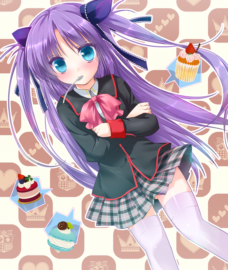 1girl, asahina_yori, blue_eyes, cake, crossed_arms, dessert, food, little_busters!!