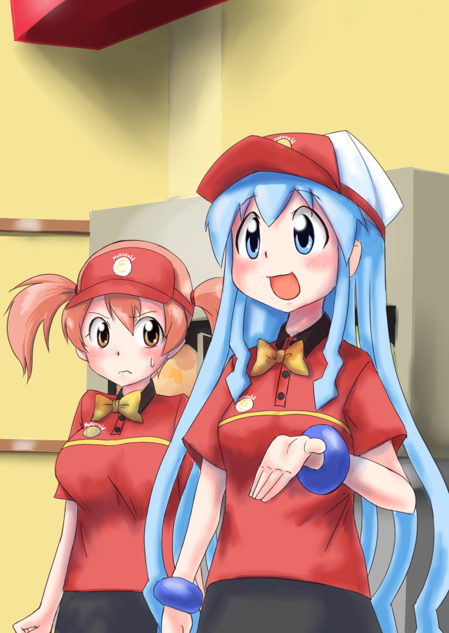 2girls, blue_eyes, blue_hair, brown_eyes, crossover, fast_food_uniform, hataraku_maou-sama!, ikamusume
