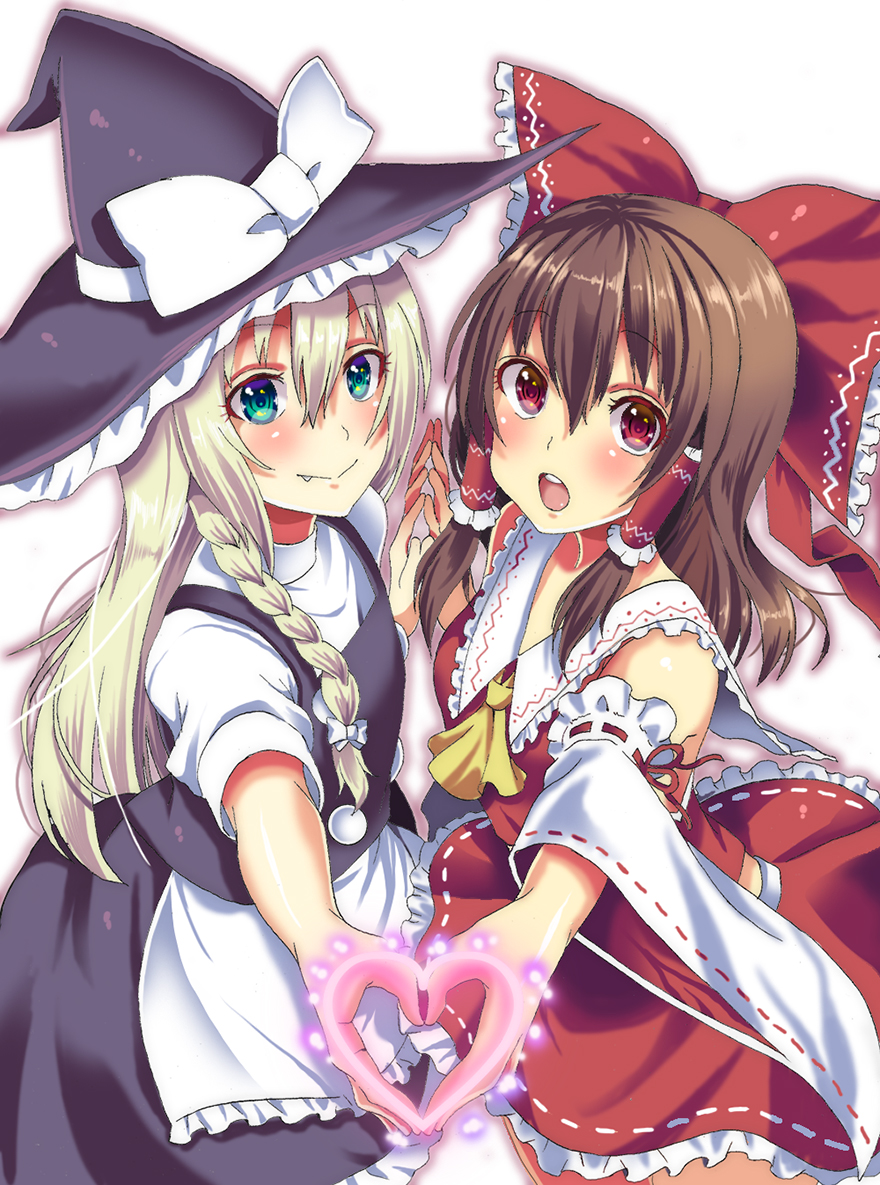 2girls, ascot, blonde_hair, bow, braid, brown_hair, detached_sleeves, fang