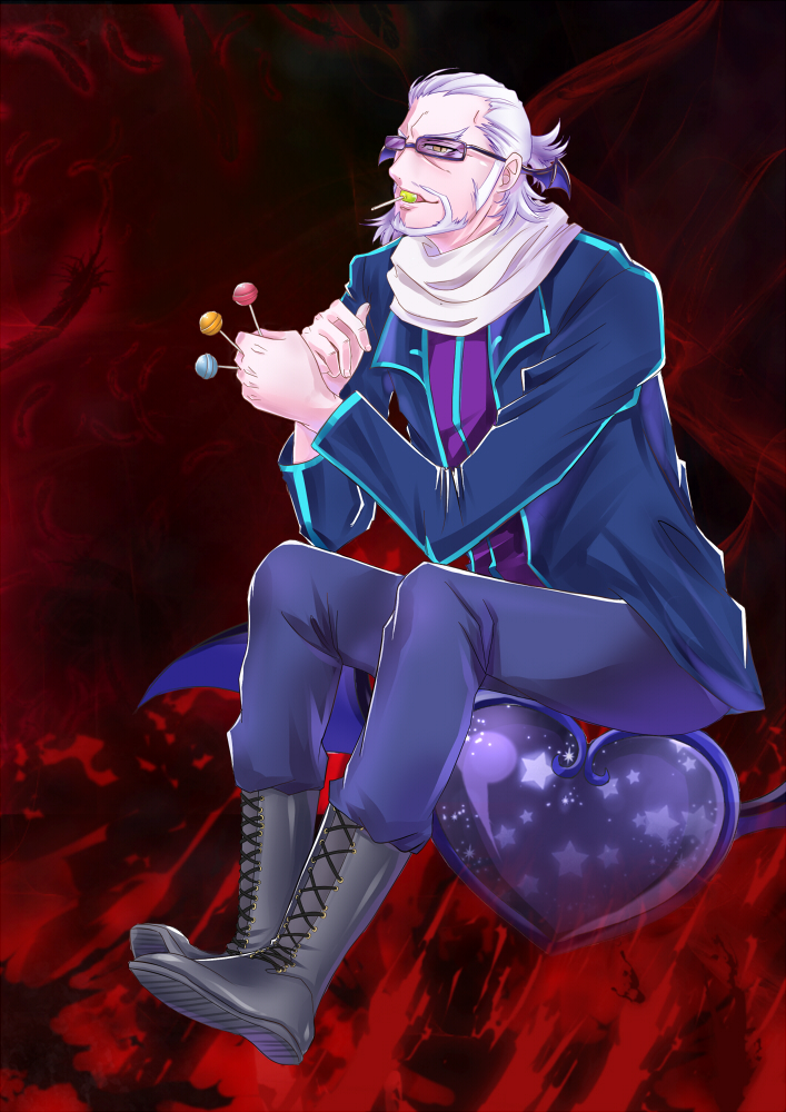 1boy, bel_(dokidoki!_precure), between_fingers, boots, candy, ckhunge3, dokidoki!_precure, glasses, head_wings, jacket, lollipop, male, mouth_hold, old_man, pants, precure, red_background, scarf, sitting, smile, solo, white_hair, yellow_eyes