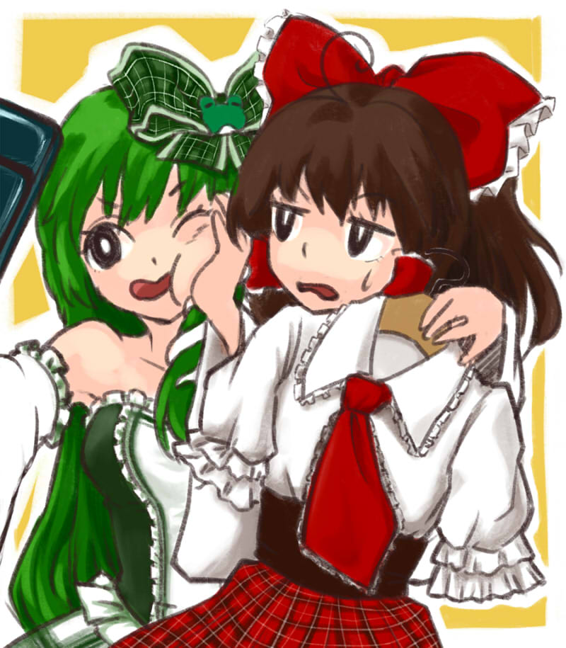 2girls, alternate_costume, bow, brown_hair, frog_hair_ornament, green_hair, hair_bow, hair_ornament, hakurei_reimu, kochiya_sanae, long_hair, multiple_girls, pushing, touhou, yadu_kazuya