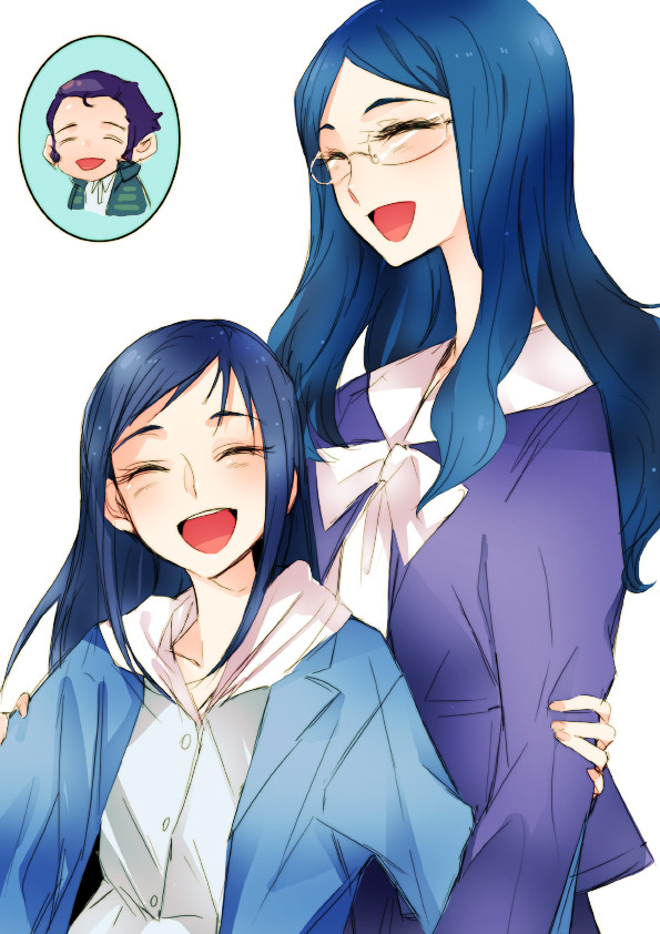 1boy, 2girls, :d, arm_grab, blue_hair, closed_eyes, dokidoki!_precure, family, father_and_daughter, glasses, hishikawa_rikka, hishikawa_ryouko, hishikawa_yuuzou, long_hair, mother_and_daughter, multiple_girls, not_present, open_mouth, precure, short_hair, simple_background, smile, tima, white_background