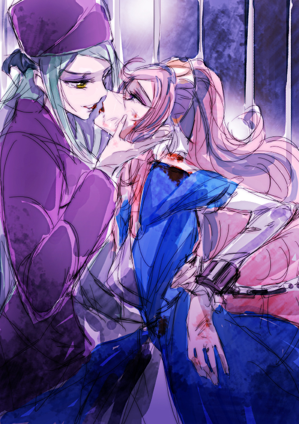 2girls, arm_around_waist, bat_wings, blood, blue_hair, chain, dokidoki!_precure, eye_contact