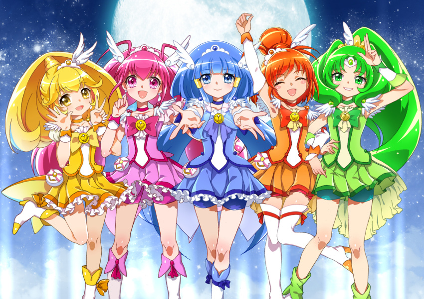 5girls, aoki_reika, armpits, bike_shorts, blonde_hair, blue_bike_shorts, blue_eyes, blue_hair, boots, closed_eyes, cure_beauty, cure_happy, cure_march, cure_peace, cure_sunny, green_eyes, green_hair, hair_tubes, head_wings, hino_akane, hoshizora_miyuki, kise_yayoi, long_hair, magical_girl, midorikawa_nao, moon, multiple_girls, open_mouth, orange_hair, outstretched_hand, pink_bike_shorts, pink_hair, ponytail, precure, red_bike_shorts, ribbon, shorts_under_skirt, skirt, sky, smile_precure!, star_(sky), starry_sky, teal_bike_shorts, thigh-highs, tiara, two-finger_salute, v, very_long_hair, xing, yellow_eyes