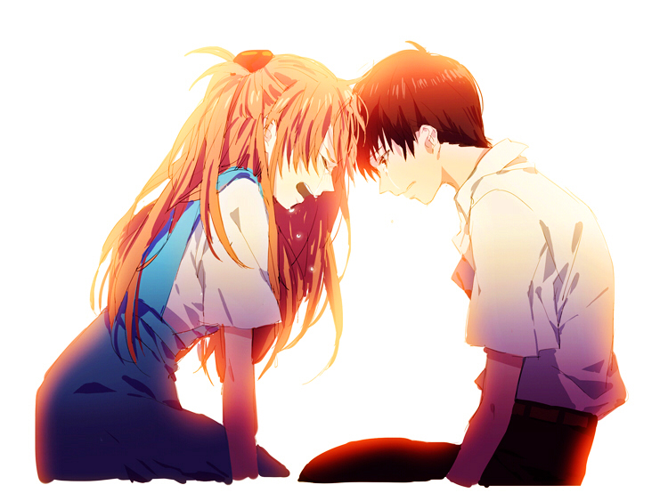 1boy, 1girl, bangoul, brown_hair, closed_eyes, crying, ikari_shinji, long_hair, neon_genesis_evangelion, orange_hair, sad, school_uniform, short_hair, souryuu_asuka_langley, tears
