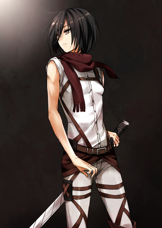 belt, black_eyes, black_hair, kenao, mikasa_ackerman, scarf, shingeki_no_kyojin, sword
