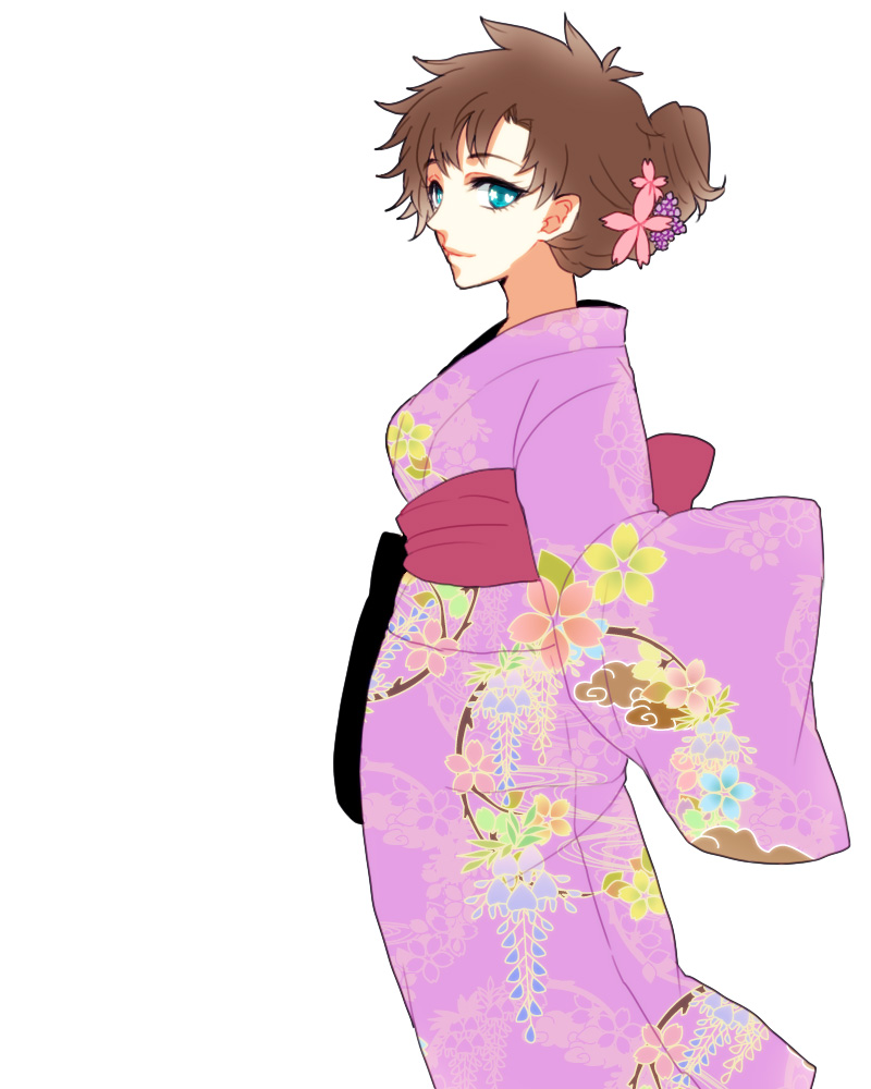 1girl, blue_eyes, brown_hair, floral_print, flower, genderswap, hair_flower, hair_ornament