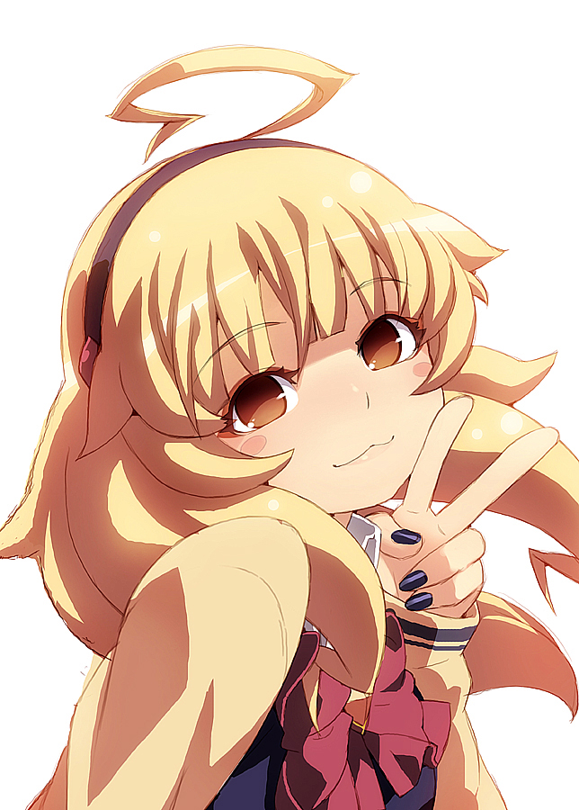1girl, ahoge, alternate_costume, bad_end_peace, bad_end_precure, hairband, long_sleeves, nail_polish, peace, precure, simple_background, smile, smile_precure!, solo, tasaka_shinnosuke, white_background