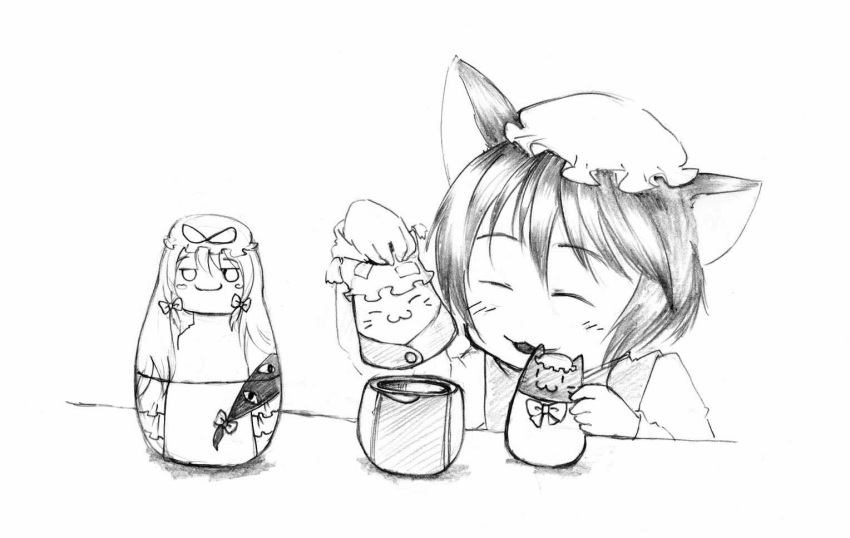 animal_ears, cat_ears, chen, doll, happy, kurosaki_(niggurath), matryoshka_doll, monochrome