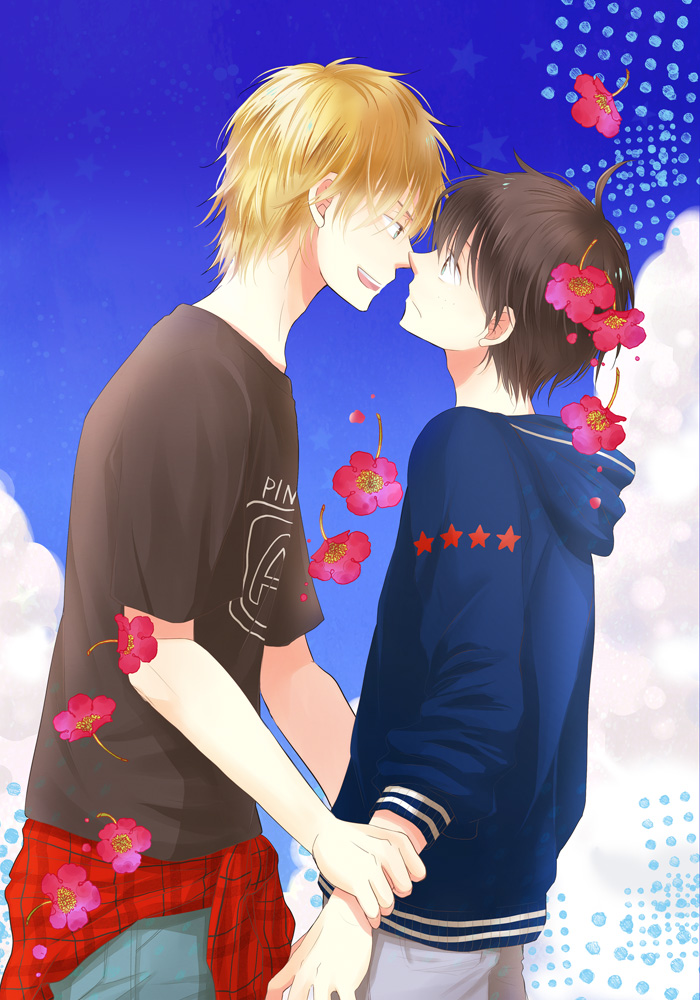 2boys, blonde_hair, brown_hair, couple, flower, hamada_yoshiro, izumi_kousuke, male