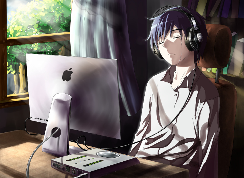 1boy, absurdres, akg, apple_inc., blue_hair, cable, headphones, highres