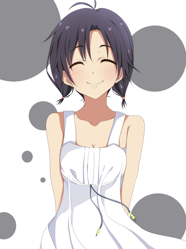 1girl, alternate_hairstyle, antenna_hair, arms_behind_back, bare_shoulders, beads, black_hair, breasts