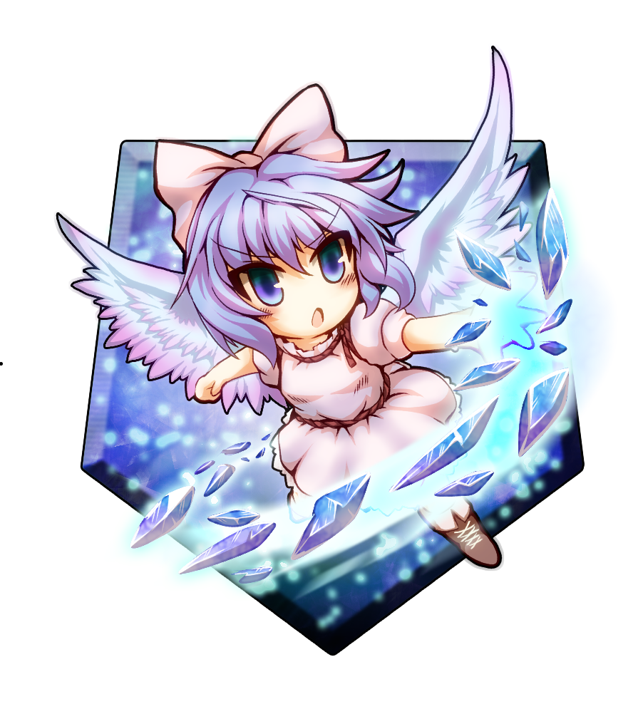1girl, :o, angel_wings, blue_background, blue_eyes, bow, chibi, clenched_hand