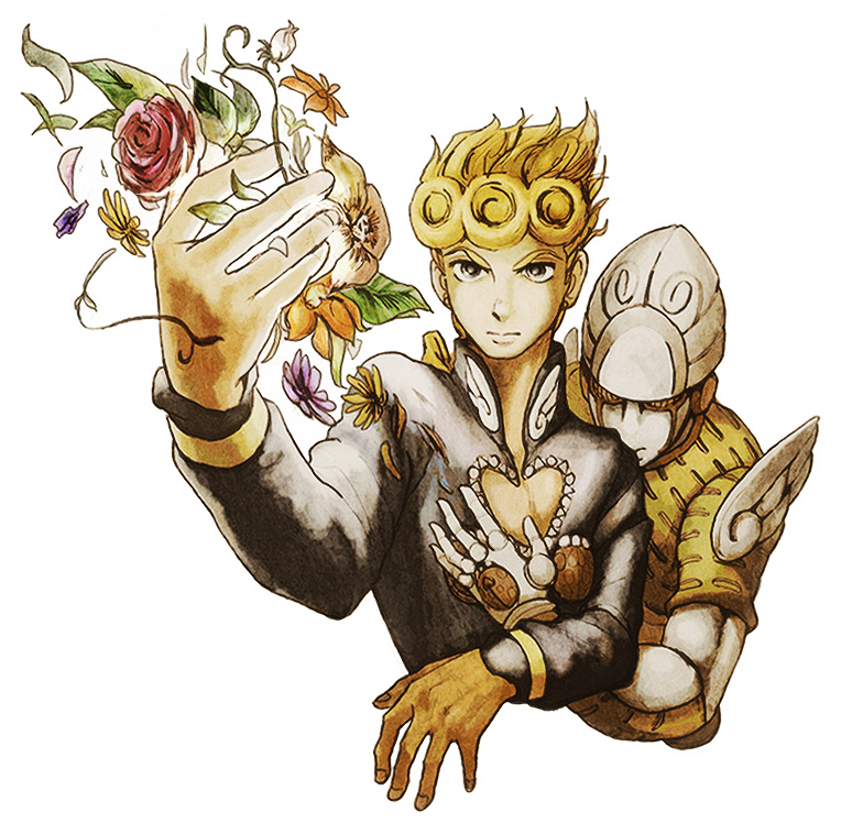 2boys, blonde_hair, blue_eyes, braid, flower, giorno_giovanna, gold_experience, harumachi_(natutaka)