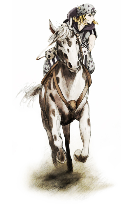 1boy, blonde_hair, harumachi_(natutaka), hat, hoodie, horse, johnny_joestar, jojo_no_kimyou_na_bouken