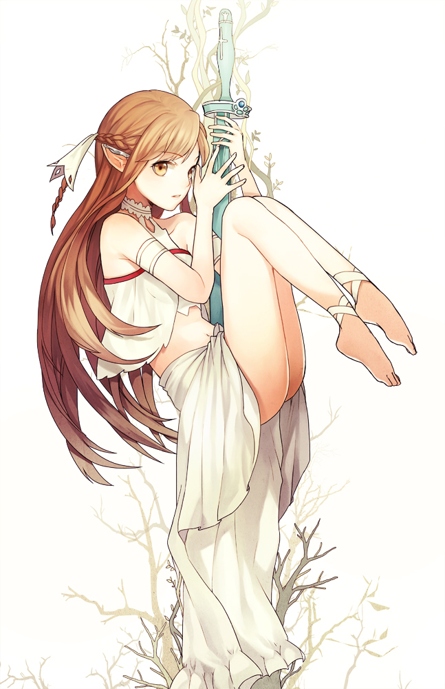 1girl, ankle_ribbon, armband, asuna_(sao), bare_shoulders, barefoot, braid, brown_eyes