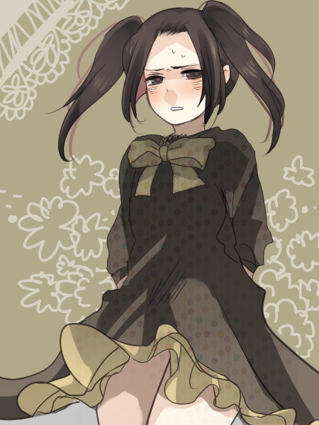 blush, brown_eyes, brown_hair, china_(hetalia), crossdressing, crossdressinging, dress, from_below, minari, minari_(crossing), ribbon, trap, twintails