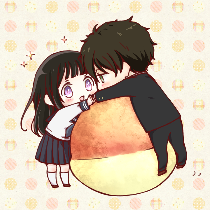 1boy, 1girl, ball, black_hair, chibi, chitanda_eru, green_eyes, hyouka