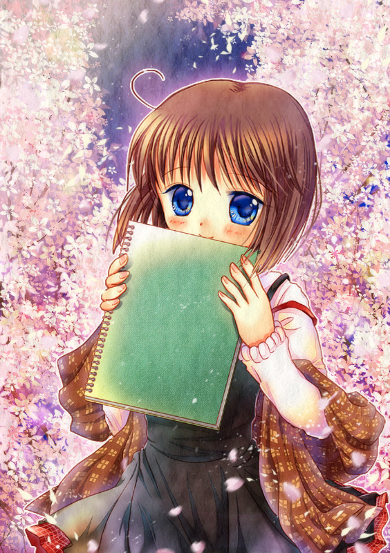 1girl, blue_eyes, brown_hair, cherry_blossoms, flower, hinokami_sakura, kanon, misaka_shiori, shawl, short_hair, sketchbook