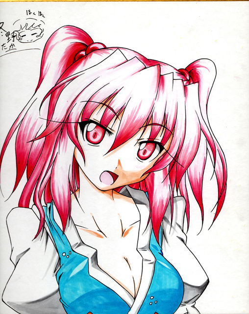 1girl, breasts, cleavage, fuyuno_taka, looking_at_viewer, onozuka_komachi, open_mouth, simple_background