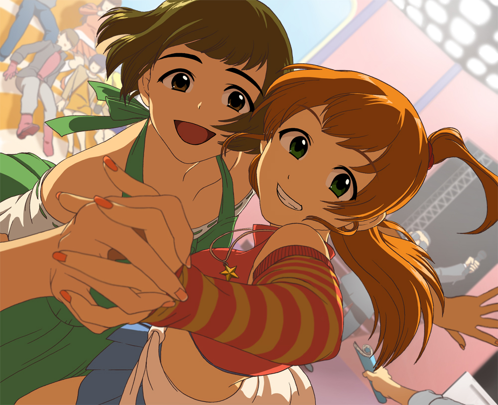 akizuki_ryou, brown_hair, couple, crossdressinging, dancing, grin, hetero, holding_hands, idolmaster, idolmaster_dearly_stars, kareshi_kanojo_no_jijou, midriff, parody, sakurai_yumeko, short_hair, side_ponytail, smile, torinoesa, trap