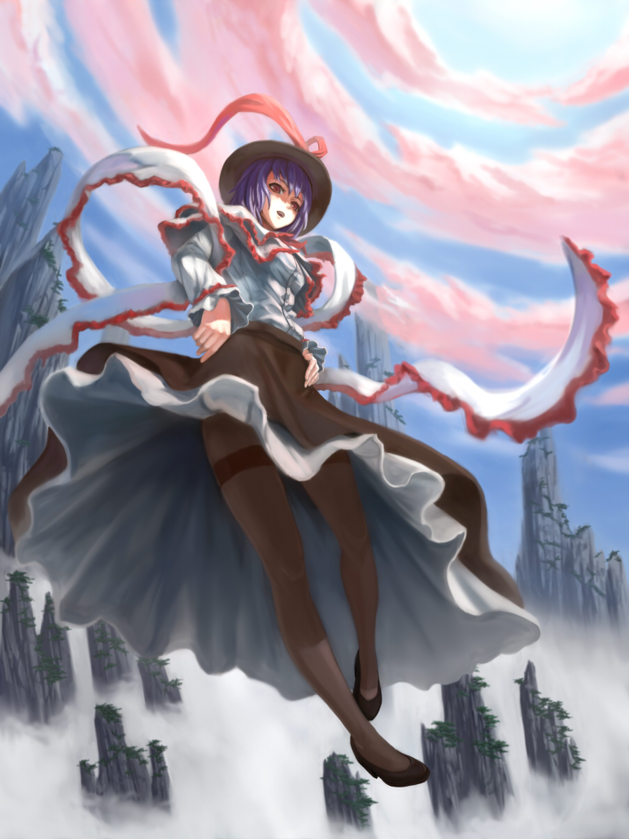 1girl, belph, black_legwear, frills, hat, highres, layered_skirt, long_skirt, nagae_iku, open_mouth, pantyhose, purple_hair, red_eyes, shawl, short_hair, skirt, sky, solo, touhou, tree, upskirt