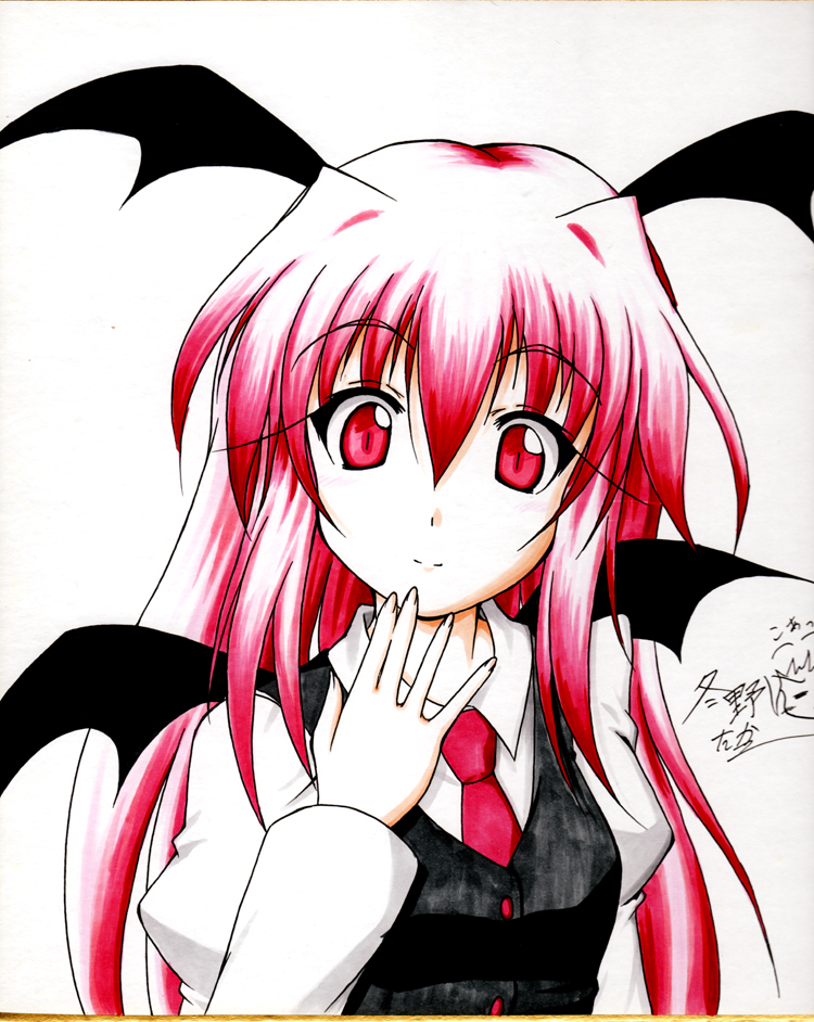 1girl, fuyuno_taka, head_wings, koakuma, long_hair, looking_at_viewer, necktie, red_eyes