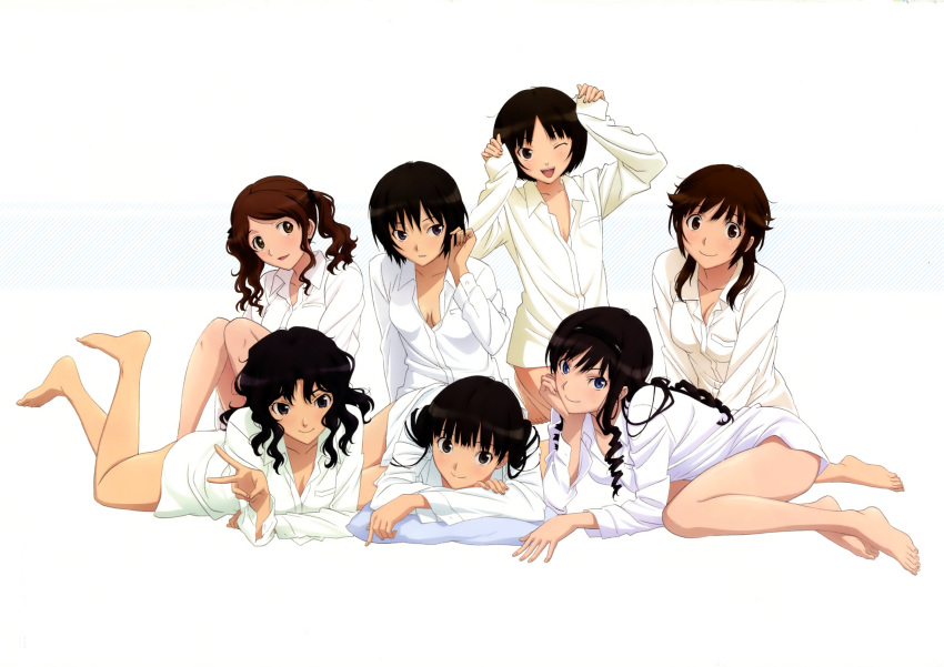 6+girls, ;d, amagami, ayatsuji_tsukasa, bare_legs, barefoot, black_eyes, black_hair