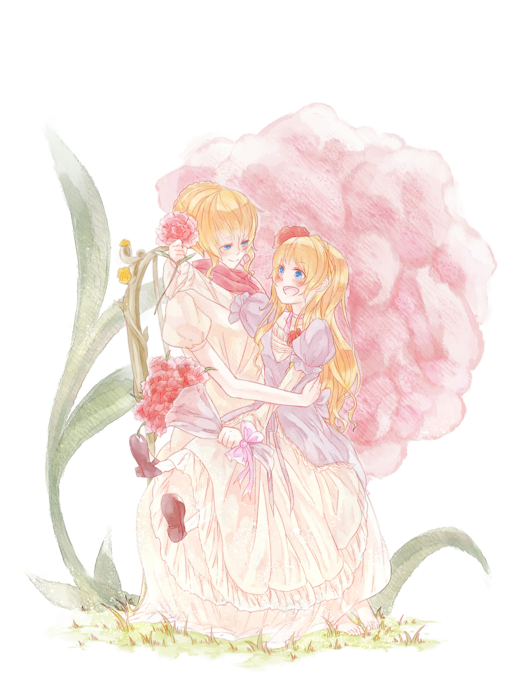 2girls, beatrice_castiglioni, blonde_hair, blue_eyes, bouquet, chair, dress, flower