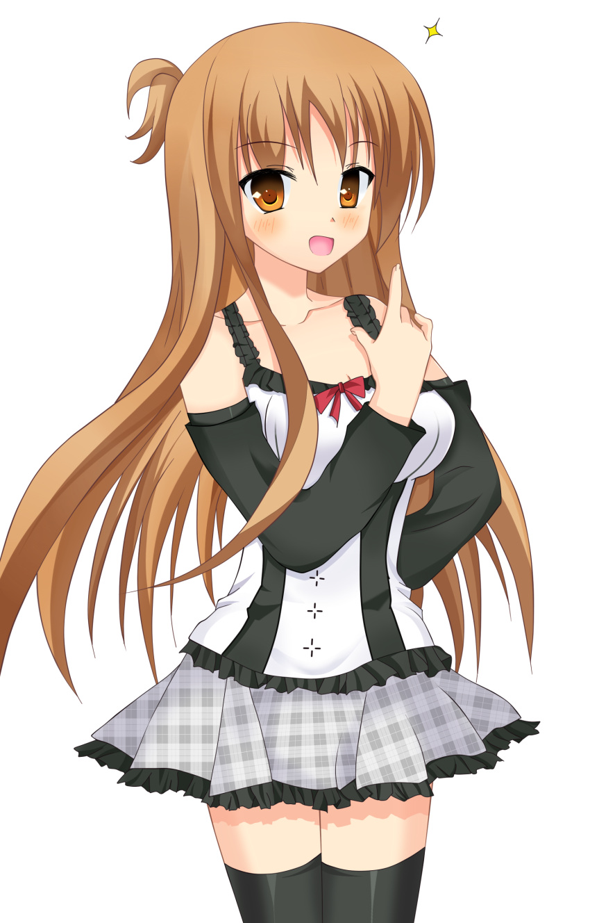 1girl, absurdres, black_legwear, blush, brown_eyes, brown_hair, highres, long_hair, looking_at_viewer, open_mouth, original, simple_background, skirt, smile, solo, thigh-highs, white_background, yashiro_sayoi