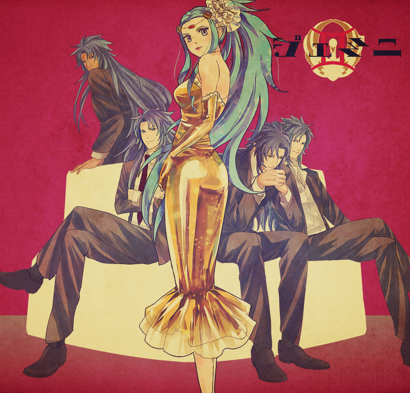 1girl, 4boys, bluespeaker, female, formal, gemini_aspros, gemini_defteros, gemini_kanon