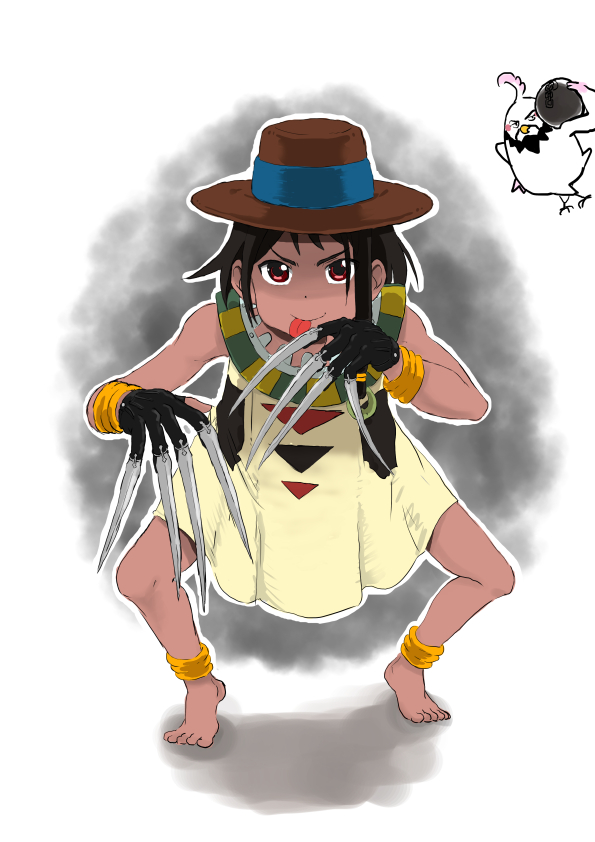 1girl, anklet, artist_request, barefoot, bracelet, choi_mochimazzui, claws, cosplay, crossover, dark_skin, dress, fedora, freddy_krueger, freddy_krueger_(cosplay), hat, jewelry, nightmare_on_elm_street, parody, tamako_market, tongue