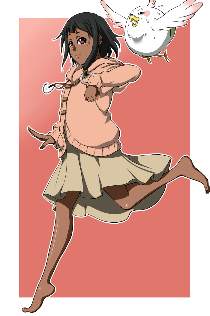 1girl, bare_legs, barefoot, black_hair, choi_mochimazzui, coat, dark_skin, dress