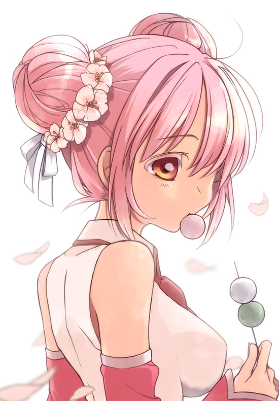 1girl, dango, detached_sleeves, double_bun, eating, flower, food, hair_flower, hair_ornament, hatsune_miku, lr., mouth_hold, petals, pink_hair, sakura_miku, solo, vocaloid, wagashi, white_background, yellow_eyes