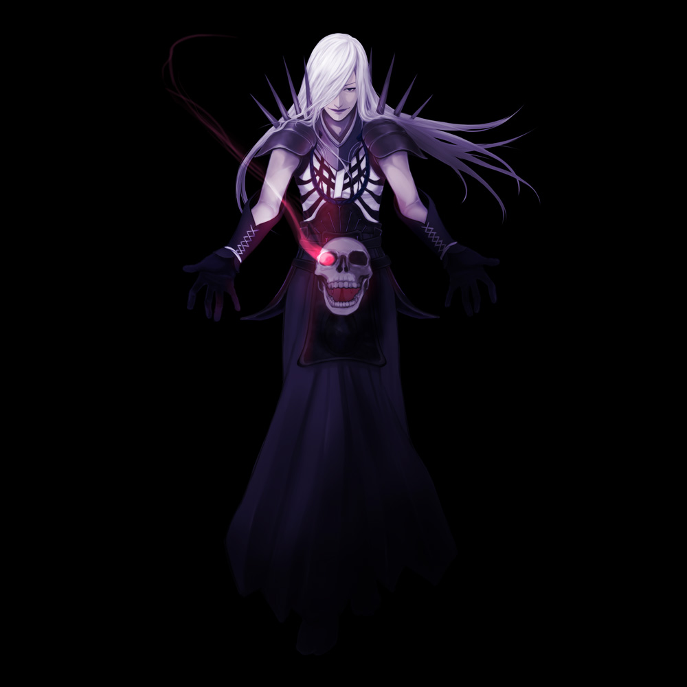 akechi_mitsuhide_(sengoku_basara), gloves, long_hair, pauldrons, ritsu_(heavend), robe, sengoku_basara, skull, solo, spikes, white_hair