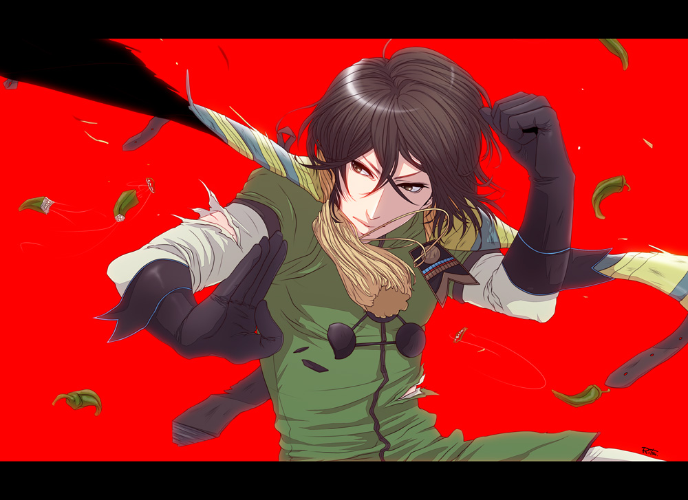 1boy, brown_eyes, brown_hair, gloves, letterboxed, mouri_motonari, red_background, ritsu_(heavend), sengoku_basara, sode, solo