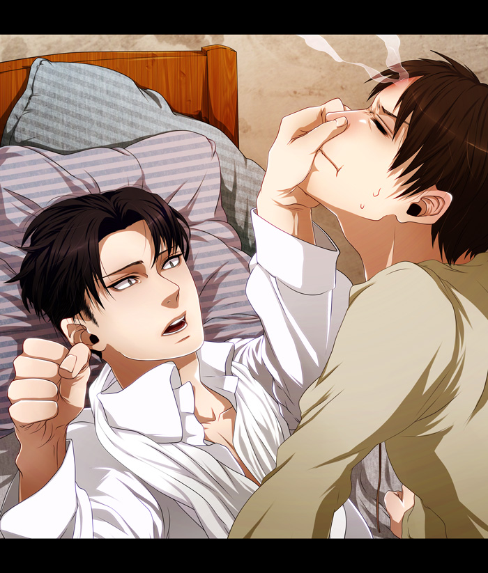 2boys, bed, black_hair, eren_jaeger, levi_(shingeki_no_kyojin), multiple_boys, nose_pinch, pillow