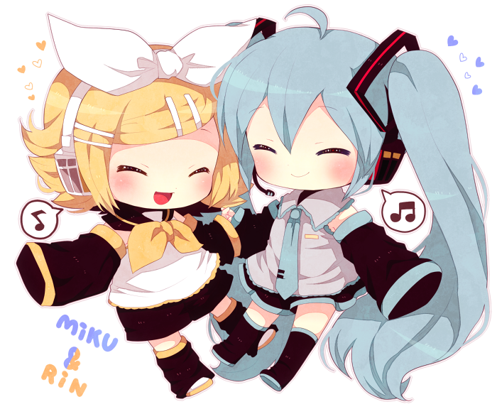 2girls, ahoge, aqua_hair, blonde_hair, blush, character_name, chibi, closed_eyes
