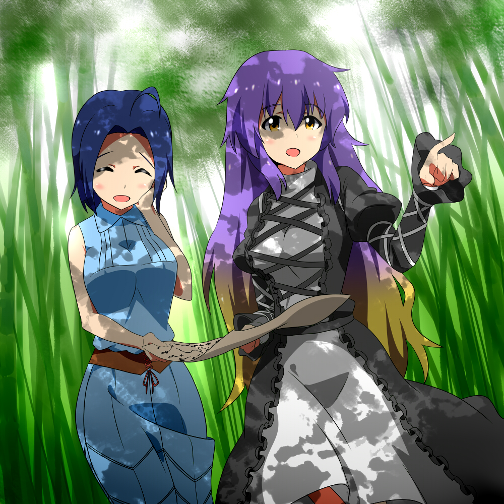 2girls, ^_^, ahoge, blue_hair, breasts, closed_eyes, crossover, dress
