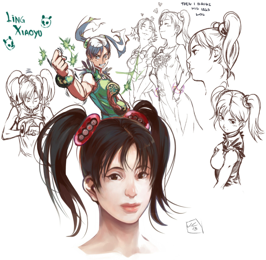 2girls, black_hair, breasts, character_name, china_dress, chinese_clothes, closed_eyes, collage, hirano_miharu, jc, ling_xiaoyu, lips, multiple_girls, palm-fist_greeting, school_uniform, scrunchie, short_hair, sketch, smile, tekken, tekken_tag_tournament_2, twintails