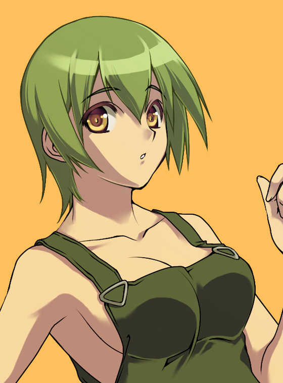 1girl, breasts, foo_fighters, green_hair, jojo_no_kimyou_na_bouken, kanikame, overalls, short_hair, sideboob, solo, yellow_eyes