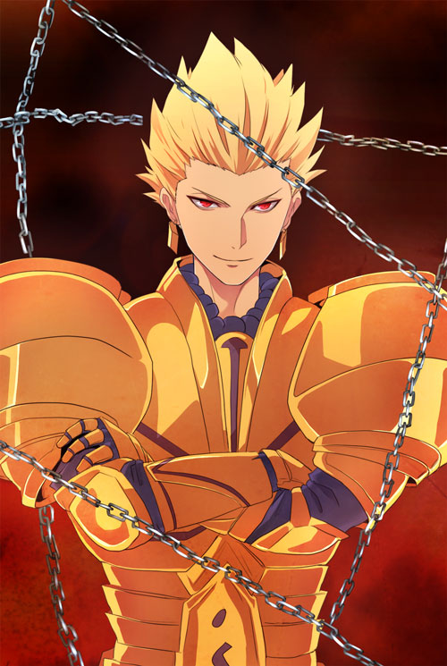 1boy, armor, blonde_hair, chain, crossed_arms, earrings, fate/zero, fate_(series)