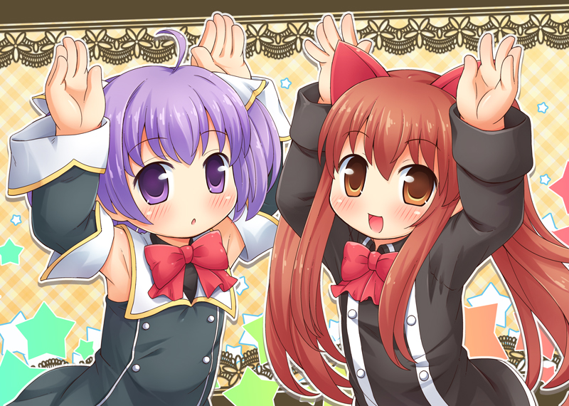 2girls, :d, :o, ahoge, aloe, animal_ears, armpits, blush, bow, brown_eyes, brown_hair, cat_ears, detached_sleeves, hands_up, long_hair, looking_at_viewer, mizuno_mumomo, multiple_girls, myu_(quiz_magic_academy), open_mouth, purple_hair, quiz_magic_academy, short_hair, smile, star, twintails, violet_eyes