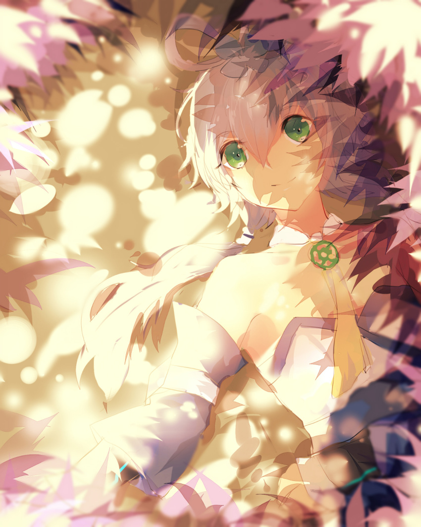 1girl, bare_shoulders, detached_sleeves, green_eyes, hair_rings, hair_tubes, highres, leaf