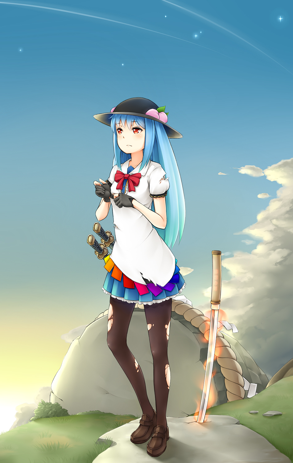 1girl, blouse, blue_hair, blue_sky, clouds, fingerless_gloves, fire, food, frown, fruit, gloves, grass, hat, highres, hinanawi_tenshi, keystone, leaf, light_trail, long_hair, looking_away, naoki_noritaka, pantyhose, peach, planted_sword, planted_weapon, red_eyes, ribbon, sheath, sheathed, shide, shimenawa, short_sleeves, skirt, sky, solo, star_(sky), sword, sword_of_hisou, torn_clothes, torn_pantyhose, touhou, twilight, weapon