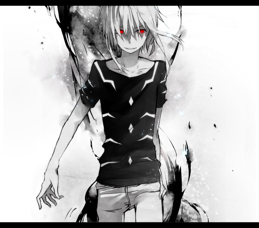1boy, accelerator, monochrome, red_eyes, short_hair, solo, spot_color, to_aru_kagaku_no_railgun, to_aru_majutsu_no_index, toooka